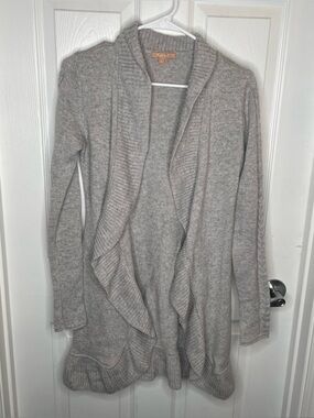 Kier + J Wool Cashmere Blend Ruffle Longline Cardigan Quiet Luxury in Gray S